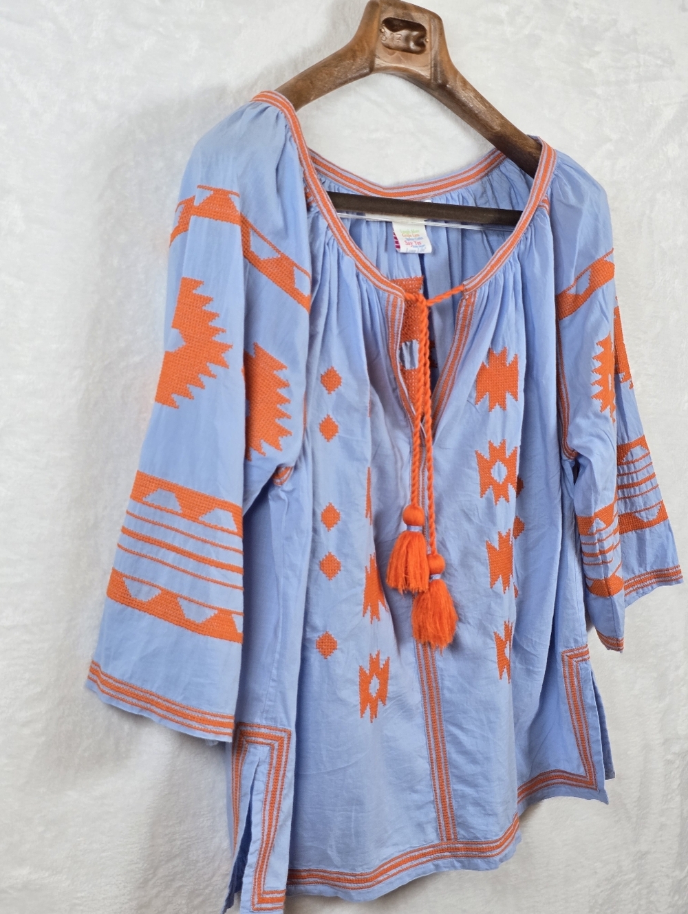 Gretchen Scott Montezuma Tunic Light Blue Orange Embroidered Cotton Boho Top XL - Picture 6 of 14